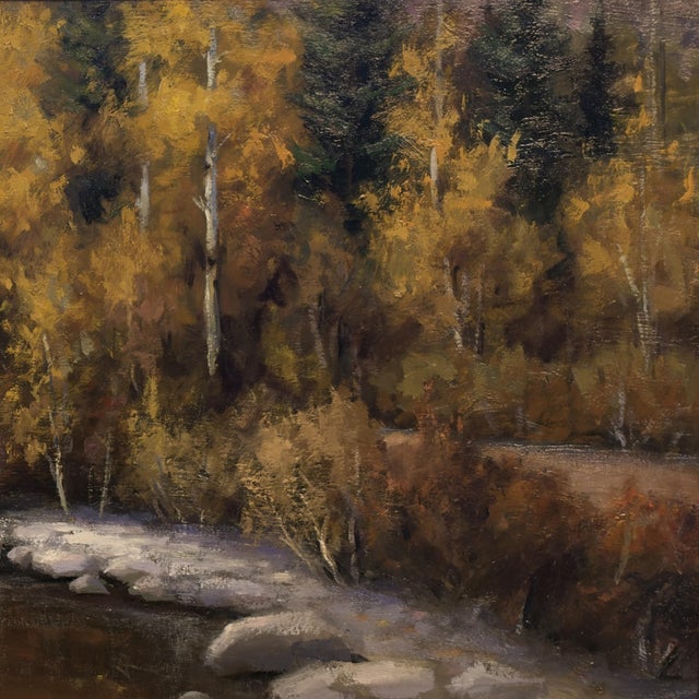 Gold Along the Back Roads by Seth Winegar | Oil on Panel Autumn Aspens Along a River For Sale - Image 8 of 12