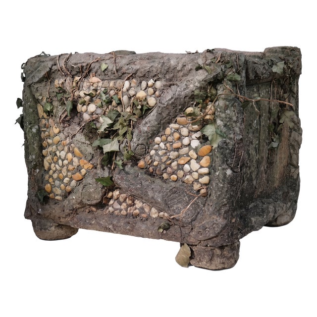 Early 20th Century Cement Planter with Faux Wood Decoration and Pebbles, Rockery, France For Sale
