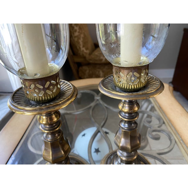 1990s Heirloom Heavy Casted Brass and Glass Hurricane Table Sconce Vintage - Pair For Sale - Image 10 of 10