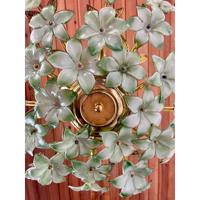 Glass 1970s Vintage Murano Style Hand-Painted Green Glass Floral Flush Mount Chandelier⁠ For Sale - Image 7 of 18