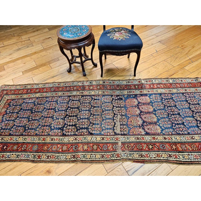 19th Century Persian Bidjar Runner, Hand-Knotted Wool, Allover Paisley Pattern, Blue & Red, 3x9 For Sale - Image 4 of 14