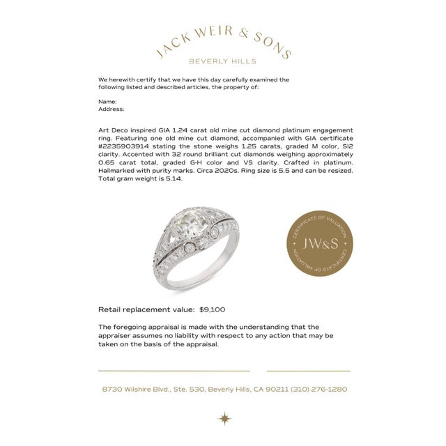Silver 1920s Art Deco Inspired Gia 1.24 Carat Old Mine Cut Diamond Platinum Engagement Ring, Size 5.5 For Sale - Image 8 of 8
