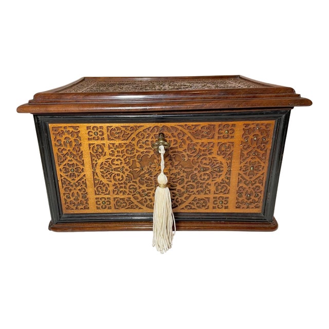 High Quality 1800's Antique Handmade Carved Wood Ornate Brass Jewelry Box Casket For Sale
