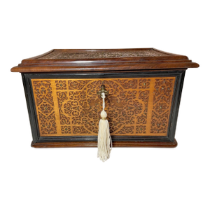 High Quality 1800's Antique Handmade Carved Wood Ornate Brass Jewelry Box Casket