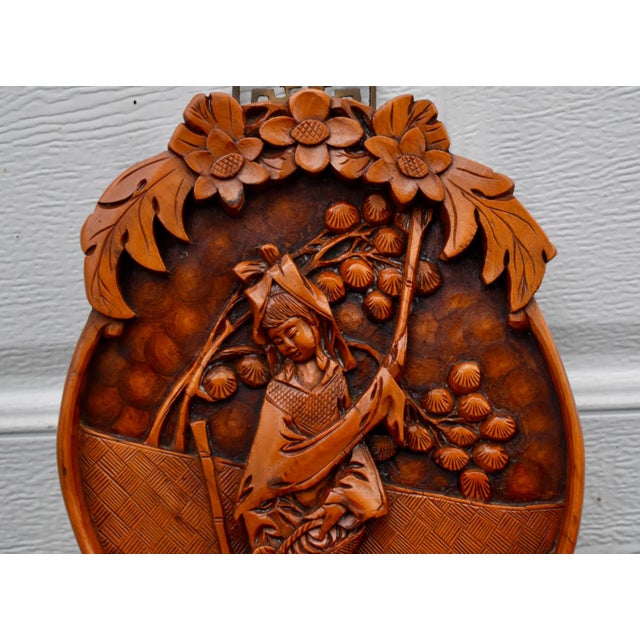 Brown Vintage Chinese Hand Carved Wood Wall Plaque High Relief Asian Woman Flower Art For Sale - Image 8 of 13