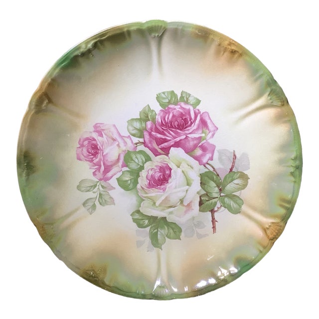 Antique Anton Mehlem Bavarian German Luster Wall Art Cake Plate Featuring Cabbage Roses For Sale