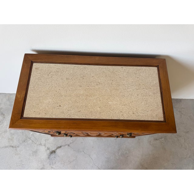 1970’s Vintage Paneled Front Wood Small Bar Cabinet With Marble Top For Sale - Image 4 of 12