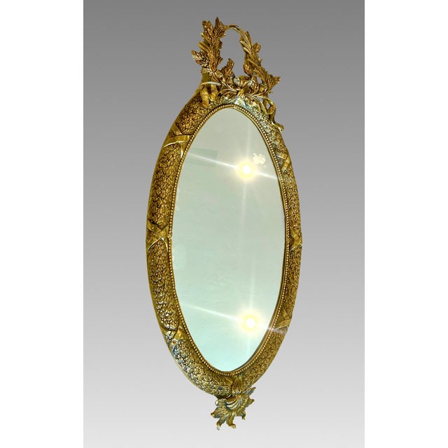 Rococo Vintage Louis XVl Style Solid Brass Gold Oval Wall Mirror or Vanity Mirror For Sale - Image 3 of 10