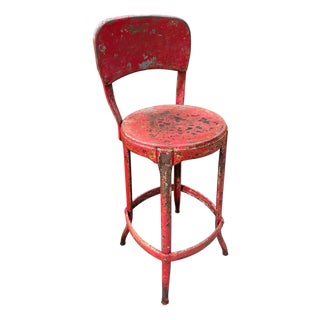 1940s Vintage Industrial Distressed Red Metal Machinist Counter Stool For Sale