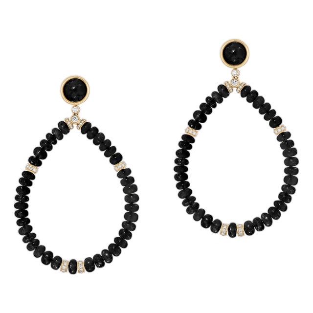 Onyx Beads Round Earrings with Diamonds, A Pair For Sale