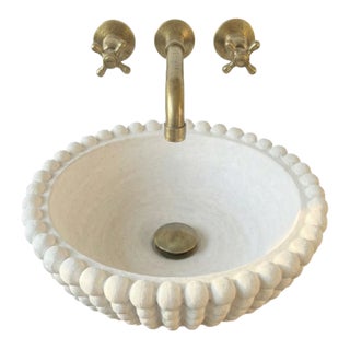 Vintage Style White Marble Bubble Rim Vessel Sink | Custom Bathroom Vanity Basin | Artisan Bathroom Decor For Sale