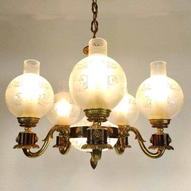 Vintage Empire Victorian French 5-Arm Brass Lion Head Chandelier with Etched Globes and Crystal Glass, 1950s For Sale - Image 15 of 17