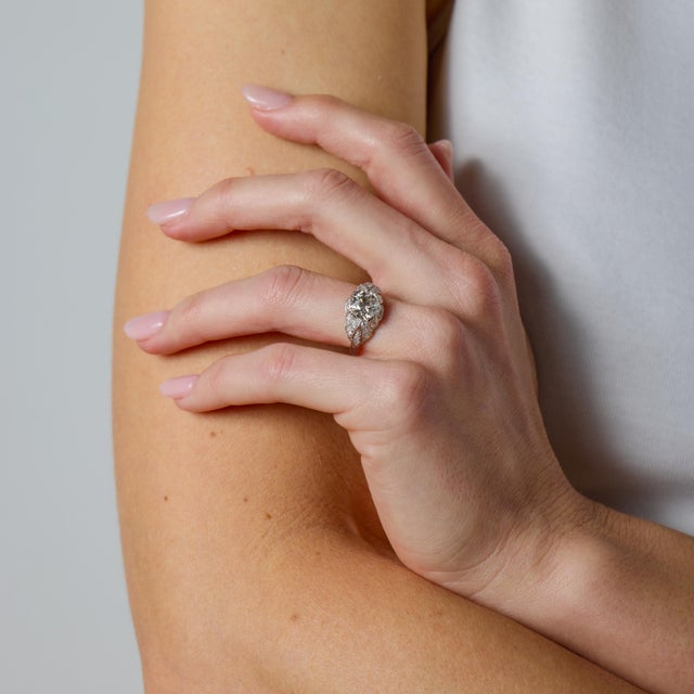 1930s 1930s Art Deco Gia 2.19 Carat Old European Cut Diamond Platinum Engagement Ring, Size 7 For Sale - Image 5 of 6