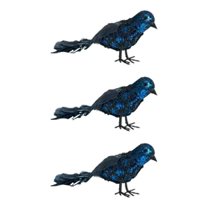 Oversized Vintage Sapphire Blue Sequin and Feather Bird Christmas Ornaments - Set of 3