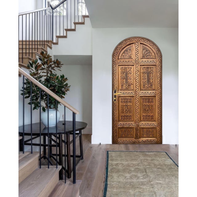 Hand-Carved Solid Wood Arched Door – Tribal Geometric Mediterranean Design For Sale - Image 4 of 10