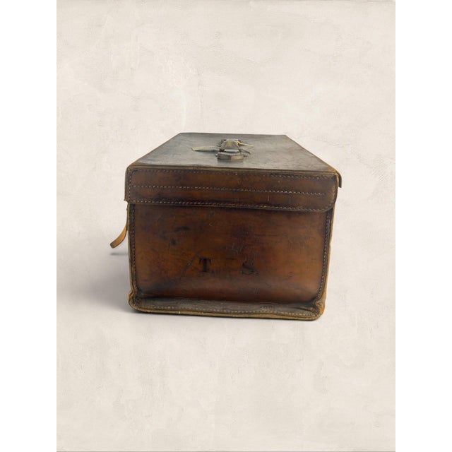 Brown Antique English Leather Hat Box With Red Silk Interior & “t.s.” Initials For Sale - Image 8 of 8