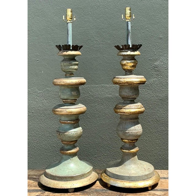 Vintage Italian Gilt Tipped Turned Wood Lamps - Pair For Sale - Image 9 of 17