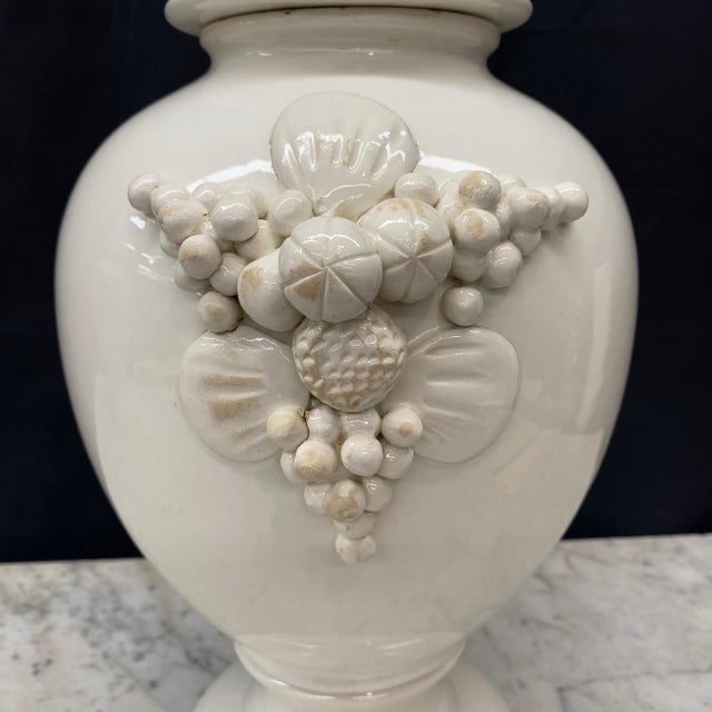 Large Antique Italian Pair of White Ceramic Apothecary Style Urn Vases -a Pair For Sale - Image 9 of 12