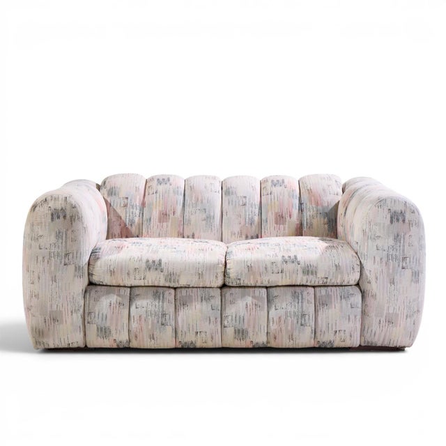 Jay Spectre Channeled Postmodern Sofa Loveseat This loveseat measures: 67 wide x 40 deep x 27.5 inches high, with a seat...