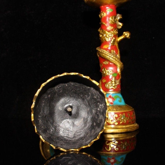 Turquoise Vintage Pair of Cloisonne Candlesticks - Dragon & Phoenix Motif For Sale - Image 8 of 9