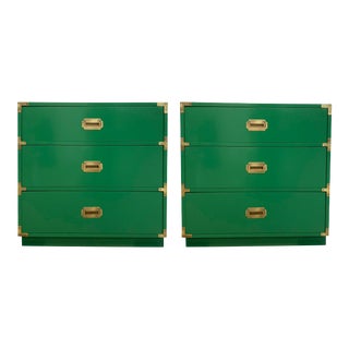 Vintage Campaign Chests in Emerald — a Pair For Sale