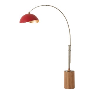 1980s Nova of California Adjustable Brass Floor Lamp - Tambo Mid Century Modern Arc Lamp, Ash Wood, Red/Gold Shade For Sale