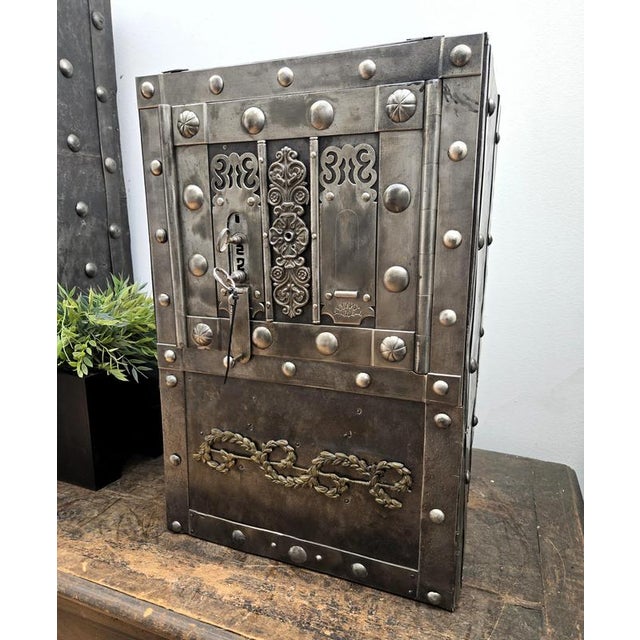 Black Antique Italian Wrought Iron Hobnail Safe Strong Box or Bar Cabinet, 18th Century For Sale - Image 8 of 10