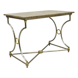 Vintage Directoire Maison Jansen Style Steel & Brass Marble Top Console Table For Sale
