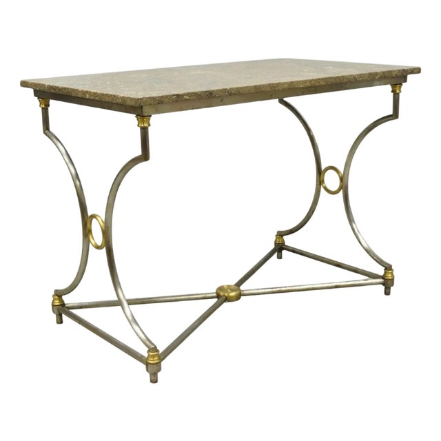 Vintage Directoire Maison Jansen Style Steel & Brass Marble Top Console Table For Sale
