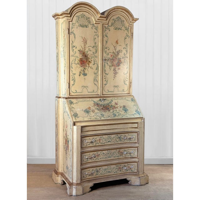 A Venetian Drop Front Secretary Desk c. Mid 20th Century Solid Wood Construction with Original Off White Aged Finish Hand...