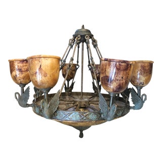 Vintage Maitland Smith Pen Shell 8 Arm Swan Verdigris Brass Patinated Iron Chandelier For Sale