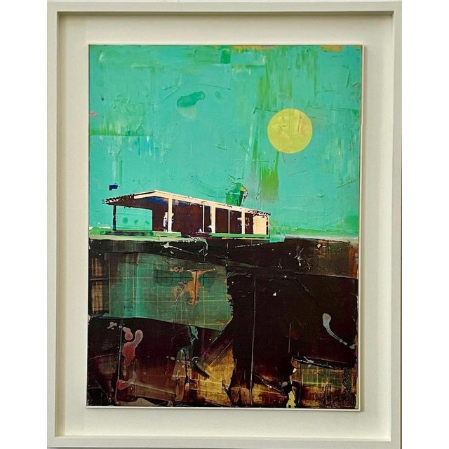 Dan parry-jones – cabin with turquoise sky mixed media on panel 38.5 x 30.5 x 1.5 inches white frame included in cabin...