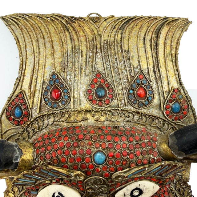 Vintage Tibetan Gilt Copper Jeweled Ritual Mask With Coral and Turquoise Inlay For Sale - Image 4 of 11