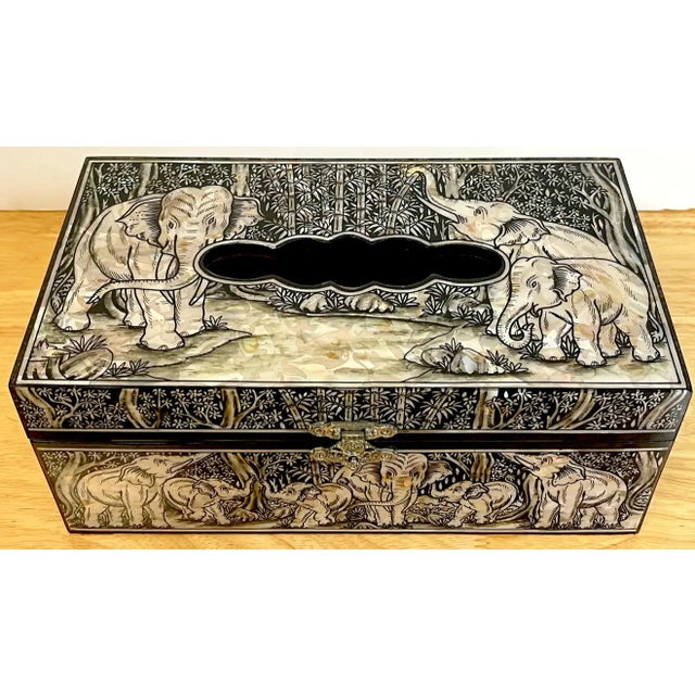 Exquisite mother of pearl inlaid lacquer elephant motif tissue box, Intricately inlaid all over with numerous elephants in...