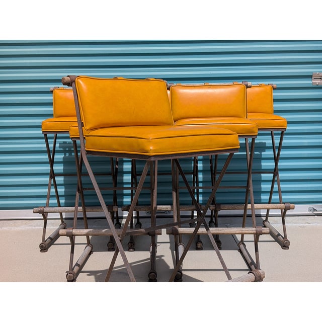 Terra Furniture Vintage Mid Century Attributed to Cleo Baldon Barstools for Terra, Los Angeles – Iron, Oak & Leather For Sale - Image 4 of 18