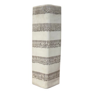 Square Shaped Cream Ceramic Vase with Black Stripes For Sale