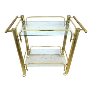 Vintage Brass & Glass Rolling Bar Serving Cart For Sale