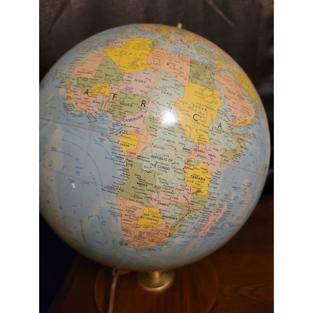 Blue 1957-1960 Illuminated Replogle Comprehensive Globe on Solid Walnut and Brass Base For Sale - Image 8 of 9