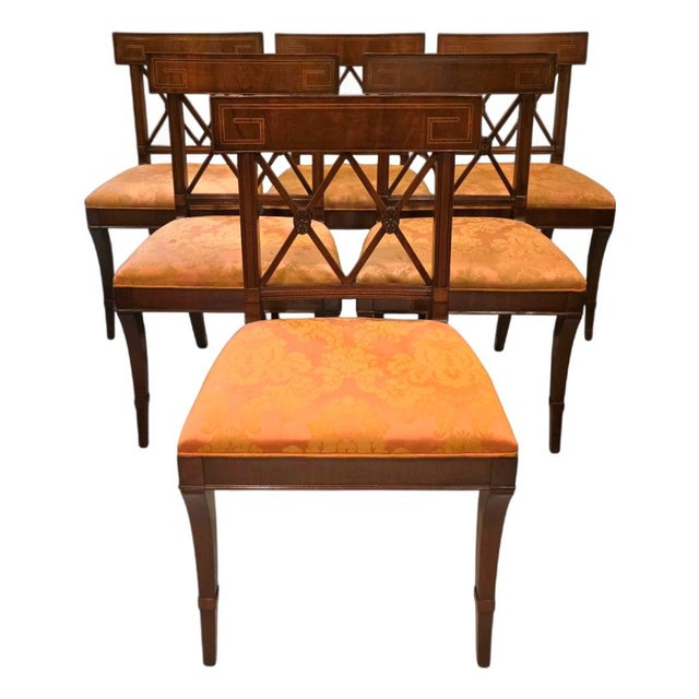 This Set of 6 Vintage John Stuart Neoclassical Regency Revival Dining Chairs with Greek Key Inlay is sophisticated, with...
