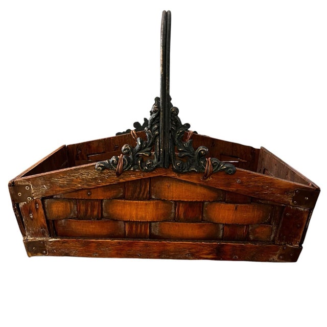 Vintage Rustic Wood Basket Wrought Iron Handle Farmhouse Primitive For Sale - Image 4 of 7