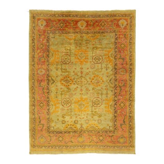 Room Size Vintage Turkish Oushak Designed Wool Rug Handmade in Green For Sale
