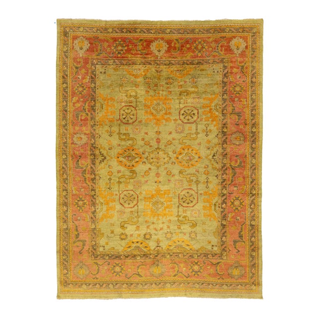 Room Size Vintage Turkish Oushak Designed Wool Rug Handmade in Green For Sale