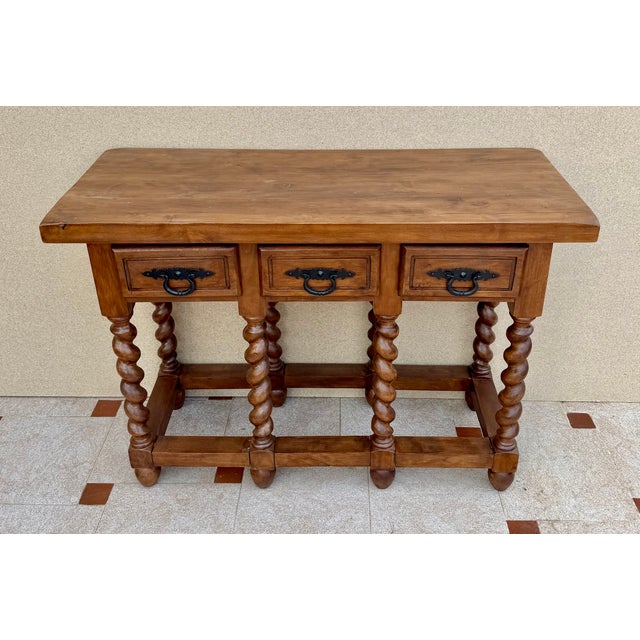 Wood Spanish Wood Console Table with Three Drawers, 1950 For Sale - Image 7 of 13