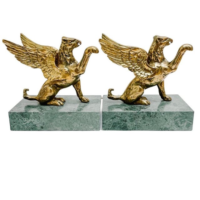 Mid-Century Modern 1970s Brass Griffins on Green Marble Bases Bookends - A Pair For Sale - Image 3 of 8