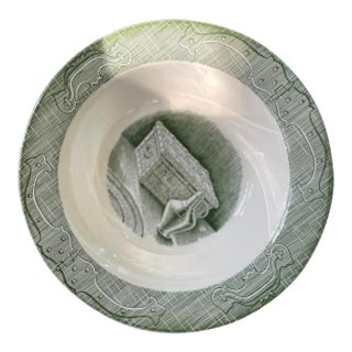 1950s MCM Old Curioisity Shoppe Green and White Transferware Serving Bowl For Sale