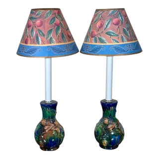 Vintage Majolica Style Glazed Ceramic Monkey Table Lamps - A Pair For Sale