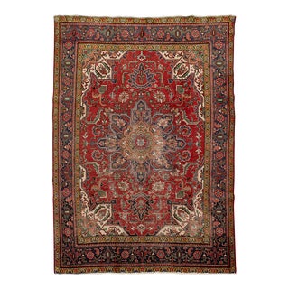 1950s Handmade Persian Heriz Wool Rug With Medallion Design For Sale