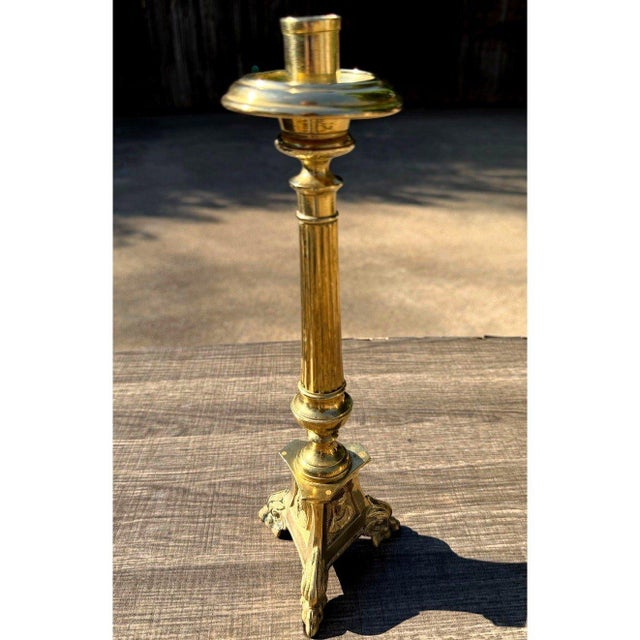Late 19th Century Antique Church Altar Brass Mary Joseph Jesus 12" Fluted Stem Tripod Candlestick For Sale - Image 5 of 10