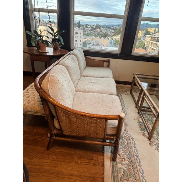 McGuire Mid-Century Modern Organic Rattan Three Seat Sofa. Made in USA. All original. Sturdy sculptural rattan pole frame....