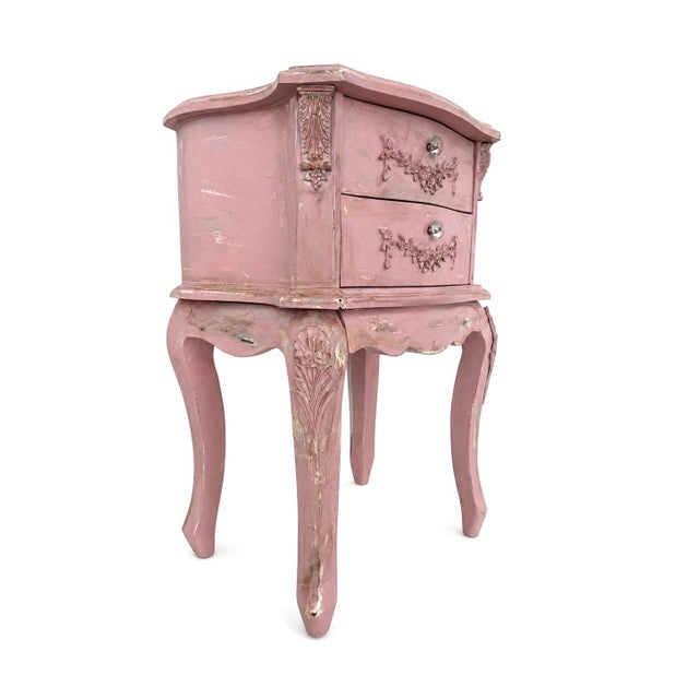 2000 - 2009 Vintage French Pink Distressed Nightstand With Floral Carvings For Sale - Image 5 of 13